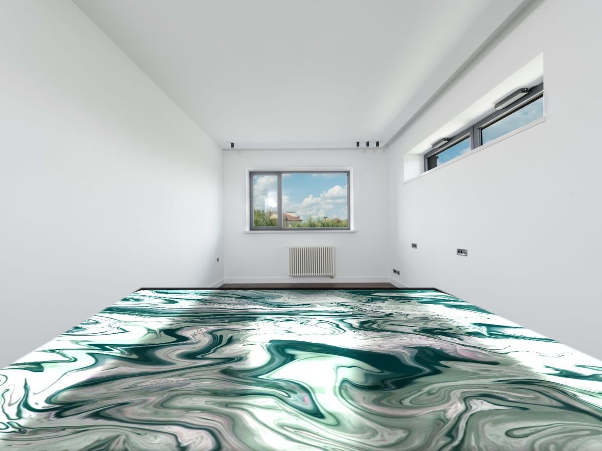 Metallic marble epoxy floor in teal and white, poured wall to wall in a bright room